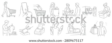 This set of simple line drawings showcases diverse consumer experiences from online shopping to in-store purchases and delivery
