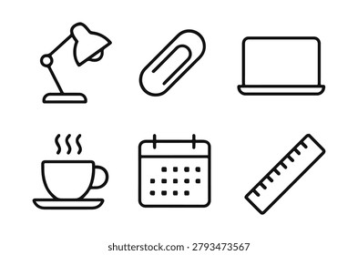 This is a set of six black line icons on a white background, depicting office supplies like a desk lamp,
