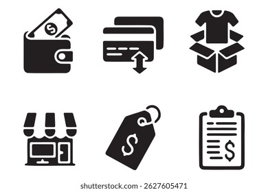 This set of six black and white icons depicts key elements of an online shopping experience.
