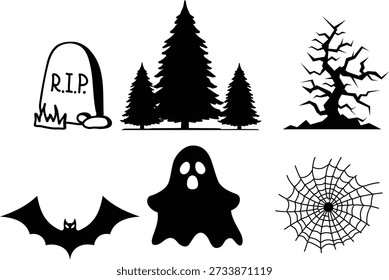 This set of six black and white silhouette icons captures classic spooky Halloween imagery. Included are a ghost, bat, spiderweb, gravestone, evergreen trees, and a gnarled dead tree, perfect for decorations or thematic projects.