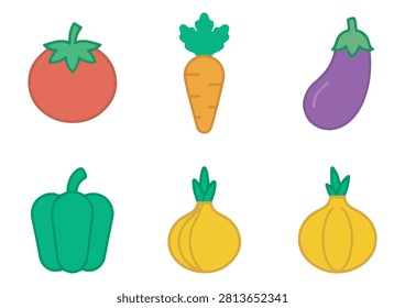 This set of six colorful icons features a variety of popular fresh vegetables, including a tomato, carrot, eggplant, green bell pepper, and two onions, all rendered in a clean, minimalist, and flat-design style. These versatile vector illustrations are perfect for food and culinary projects, healthy eating applications, nutrition-themed websites, grocery or market branding, and digital design assets that require a modern, user-friendly, and appetizing way to represent fresh produce.

#VegetableIcons #FreshProduce #HealthyEating #CulinaryDesign #FoodIllustration #MinimalistIcons #VectorFood #NutritionGraphic #MarketIcon #CookingIngredients