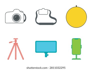 This set of six essential photography and videography equipment icons features a clean, flat design style. The collection includes a camera, a camera bag, a circular reflector, a tripod, a studio light panel, and a phone gimbal. These versatile graphics are ideal for content creators, photography studio websites, or media production branding.

#PhotographyIcons #VideographyGear #FilmmakingTools #ContentCreation #StudioEquipment #VectorGraphics #MediaProduction #CameraGear #FlatDesign #ProfessionalIcons