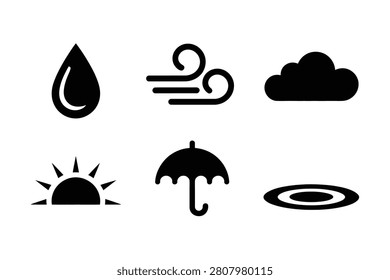 This set of six high quality vector weather icons features bold black silhouettes representing essential elements like rain drops wind gusts puffy clouds rising sun an open umbrella and a water puddle on a plain white backdrop for intuitive climate designs
