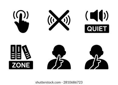 This set of six high quality black vector icons represents various concepts of silence and quiet zones through intuitive symbols including hushed human gestures and sound control elements perfect for library signage office guidelines and public facility decorum