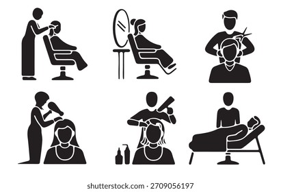 This set of six icons depicts various hair salon services in a straightforward, minimalist style.