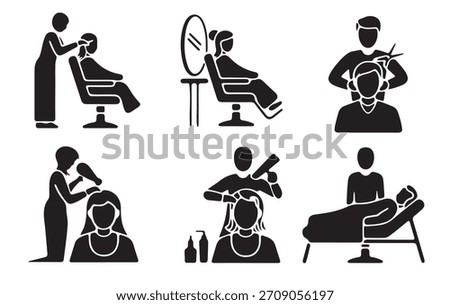 This set of six icons depicts various hair salon services in a straightforward, minimalist style.