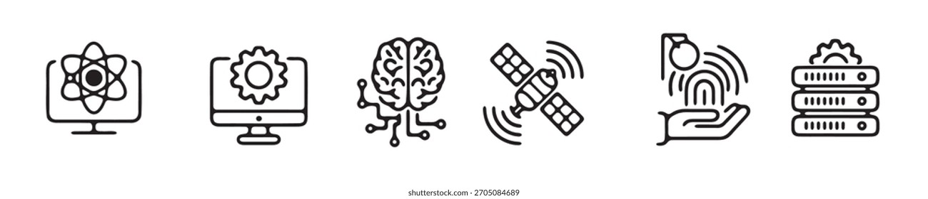Este conjunto de seis iconos muestra varias facetas de la tecnología moderna.