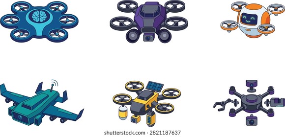 This set of six illustrations imagines advanced flying machines with a bold, futuristic edge. A glowing hexacopter with cyan and purple accents contrasts with a darker octocopter featuring illuminated rotors, while an orange security-style unit resembles a floating surveillance eye. A spider-legged mechanical variant and a walking robot design push the concept further into robotics territory, joined by a compact model with an integrated display screen. Perfect for sci-fi game assets, technology startup branding, futuristic concept art, robotics presentations, and innovation-themed marketing.