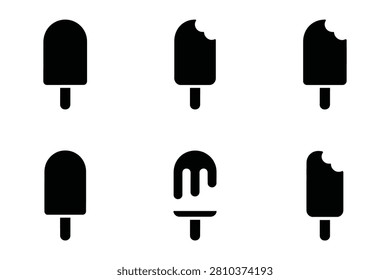 This set of six minimalist black vector icons showcases ice cream popsicles in different states including solid forms and bitten pieces. These simple graphical symbols provide a clean aesthetic perfect for food industry projects or summer web designs.