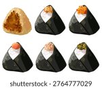 This is a set of six realistic, hand-drawn, thickly painted illustrations of rice balls (grilled, mentaiko, ikura, tuna mayo, takana, and okaka). Unlike homemade rice balls, these are stylishly shaped to show the fillings, resembling those from specialty shops. They can be used for restaurant menus or culinary descriptions.