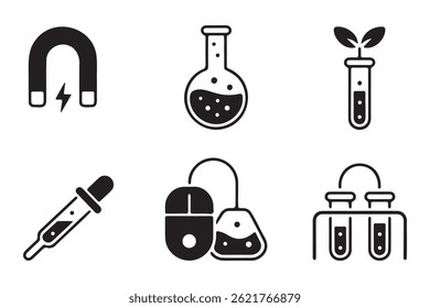 This set of six simple, black and white icons represents various science and technology tools.