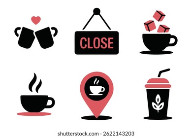 Este conjunto de seis ícones simples retrata os elementos do café em um estilo moderno e plano.