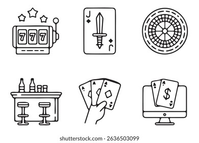 This set of six simple line art icons depicts various casino elements, including a slot machine, playing cards, a roulette wheel, a bar, and online gambling.