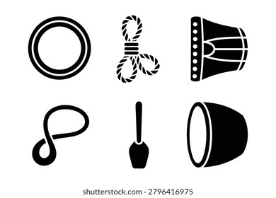 This set of solid black silhouette icons showcases traditional Korean musical instruments like the janggu drum buk barrel drum and gongs perfect for cultural festival and arts designs