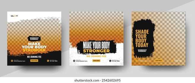 Este é um conjunto de esportes Gym e Fitness social media post modelos de design. É adequado para mídias sociais, folhetos, banners e páginas da web. 