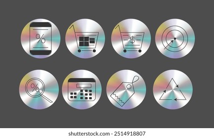This is a set of stickers with sale icons. They are in rainbow colors gradient and have a metallic effect.