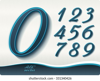 This set of stylish blue italic digits of cut out of paper. Zero 0 One 1 Two 2 Three 3 Four 4 Five 5 Six 6 Seven 7 eight 8 nine 9.