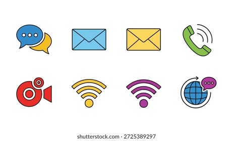 Este conjunto de ícones de comunicação estilizados retrata vários aspectos tecnológicos. O design plano incorpora cores brilhantes com uma estética limpa, ideal para aplicações digitais e de impressão. Adequado para projetos que requerem elementos visuais relacionados com o compartilhamento de informações e conectividade moderna em contextos diversos.