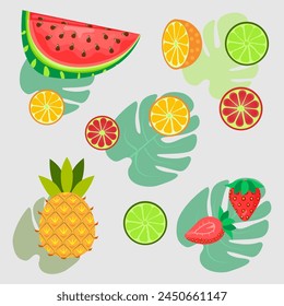 This is a set of summer fruits. It containes a red watermelon and strawberry, orange pineapple and oranges. There are also other fruits too.There are green leaves on the background.