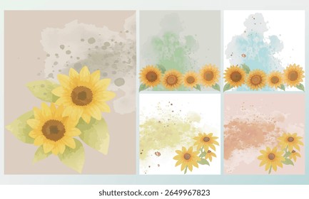This is a set of sunflower-themed background illustrations in a soft watercolor style. The square and vertical layouts are perfect for postcards, social media posts, flyers, and more.