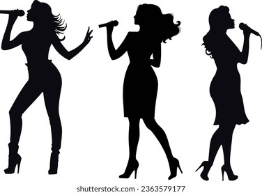 This is a set of super star women singers, silhouettes performing, vector of artist singing in karaoke, and showing their talent, this figuration is isolated in white background