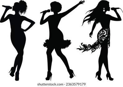 This is a set of super star women singers, silhouettes performing, vector of artist singing in karaoke, and showing their talent, this figuration is isolated in white background