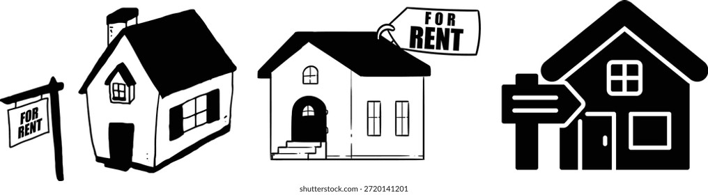 Dieses Set von drei verschiedenen Haus-Icons deutlich kommuniziert die Verfügbarkeit von Mietobjekten mit prominenten "FOR RENT" Zeichen. Diese Grafiken sind in einem schlichten Schwarz-Weiß-Stil gehalten und eignen sich ideal für Immobilienanzeigen, Websites zur Immobilienanzeige, Broschüren oder sonstiges Material im Zusammenhang mit Wohnungsvermietungen. Sie bieten eine saubere und direkte visuelle Repräsentation für potenzielle Mieter oder Immobilienmanager, sodass sie für eine schnelle Identifizierung sehr effektiv sind.