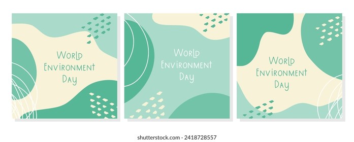 This set of three posters celebrates World Environment Day with abstract representations of nature in calming shades of green and cream.