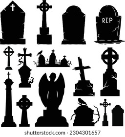 This set of Tombstone Vector Silhouettes is perfect for creating spooky Halloween designs. The pack contains 10 different tombstone silhouettes, each with intricate details and a creepy feel.