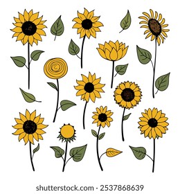 Este conjunto de veinte ilustraciones de girasol en un estilo botánico vintage es perfecto para diseños de temática floral, agregando un encanto rústico y natural a sus proyectos.