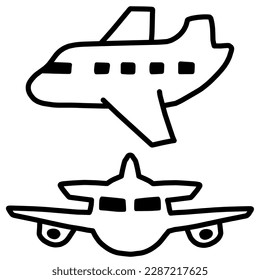 This is a set of two icon-style illustrations of airplanes facing front and side. The inside of the lines are painted white and not transparent.