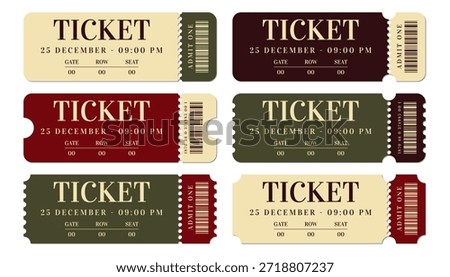 This set of universal tickets with a tear-off barcode is designed for organizing and controlling access to various events. The design features a subdued beige, red, and olive color palette, giving the tickets a stylish, neat, and versatile appearance suitable for both cultural events and commercial projects. The tear-off barcode section facilitates visitor verification and accounting, speeds up entry, and reduces the risk of errors during checkout. These tickets are suitable for concerts, exhibitions, theater performances, festivals, fairs, and other offline events, and are easily customized for branding and personalization.