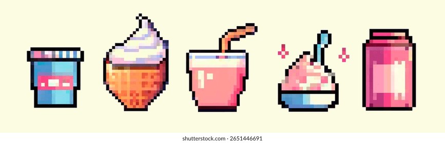 This set of vector elements features various desserts and drinks in a pixel art style. Bright pink, blue, and cream colors create a retro, kawaii, and trendy look with cute, geometric, blocky shapes.