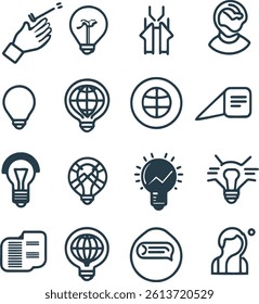 This set of vector icons depicts various concepts related to innovation, global communication, and ideas.