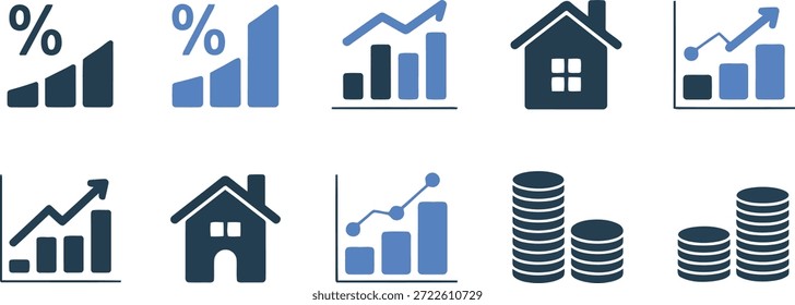 Este conjunto de iconos vectoriales ilustra varios conceptos financieros como el crecimiento del mercado, las tasas de interés, los bienes raíces y los ahorros monetarios.