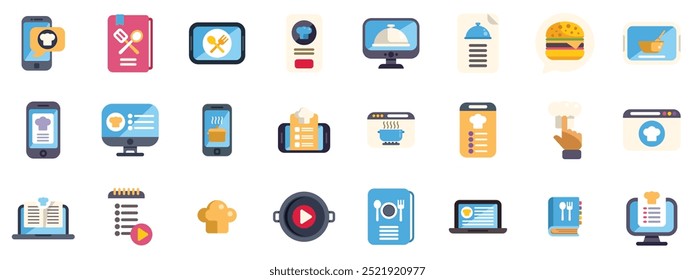 This set of vector icons represents different aspects of online cooking, from recipes to delivery services