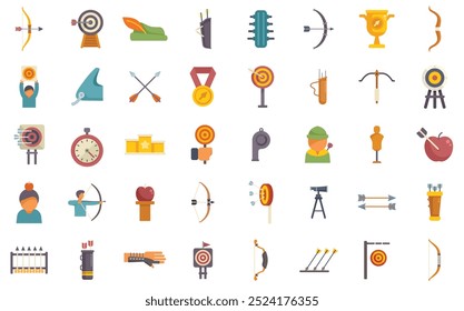 This set of vector icons shows various aspects of archery as a sport