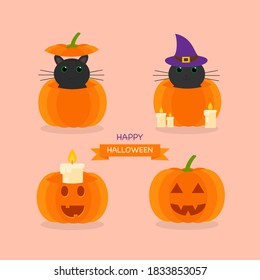 This is a set of vector illustration of a cat and a candle in a pumpkin on a light background. Flat style. Could be used for flyers, postcards, banners, holidays, etc.