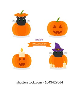 This is a set of vector illustration of a cat and a candle in a pumpkin on a white background. Flat style. Could be used for flyers, postcards, banners, holidays, etc.