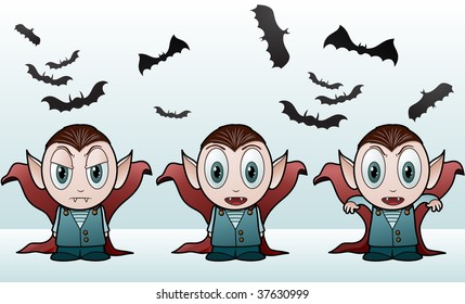 This is a set of vector illustrations of a vampire boy. There are three different views or emotions that you can choose from. The background is on a separate layer for easy editing.