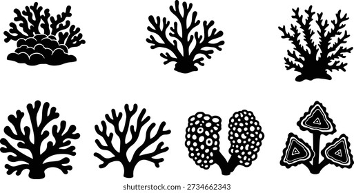 This is a set of vector line art coral reef silhouettes. The set includes various shapes and forms of coral reefs, showcasing their diversity and complexity. The illustrations are in black on a white background, making them versatile for use in different design projects. The coral reefs are depicted in a stylized manner, highlighting their unique structures and textures. This set can be used for educational materials, conservation efforts, or decorative purposes.