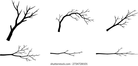 This set of vector line art illustrations features bare tree branches in silhouette style, perfect for adding a touch of nature to your designs. The minimalist and elegant illustrations can be used as icons, symbols, or elements in various graphic design projects, such as landscapes, forests, or winter scenes. The silhouette style allows for easy customization and adaptation to different design contexts. The illustrations are created in a simple and abstract style, making them versatile and easy to use.