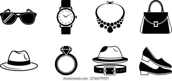 This is a set of vector line art silhouettes featuring various fashion accessories and jewelry, including sunglasses, a watch, necklace, purse, hat, ring, belt, and shoes. The illustrations are simple, modern, and elegant, making them perfect for graphic design projects, fashion branding, or digital artwork.