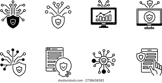 This set of vector line art silhouettes features various cybersecurity and protection concepts, including shields, computers, monitors, documents, and networks. The illustrations are designed to represent different aspects of online safety and security, such as data protection, threat prevention, and system defense. The bundle includes eight unique icons, each with a simple yet distinctive design that can be used in a variety of digital and print applications.