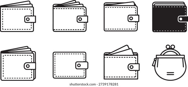 This is a set of vector line art silhouettes featuring various wallets and a purse. The collection includes different styles and designs of wallets, such as bifold, trifold, and money clip wallets, as well as a purse. The illustrations are in black and white, making them versatile for use in various graphic design projects.