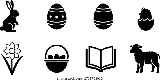 This is a set of vector line art silhouettes featuring Easter icons, including a rabbit, eggs, flower, book, and lamb. The simple and elegant design makes it perfect for use in various design projects, such as Easter cards, decorations, and advertisements.