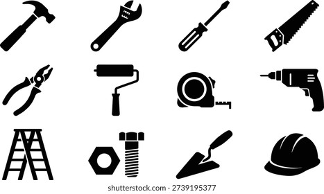 This set of vector silhouettes features a variety of construction tools and equipment, including hammers, wrenches, screwdrivers, drills, and more. The black and white illustrations are perfect for engineering, architecture, and DIY design projects, and can be used for a range of applications, from digital graphics to print materials. The silhouettes are scalable and versatile, making them ideal for adding a professional touch to your designs.