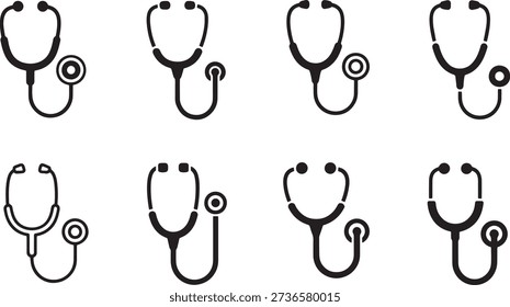 This is a set of vector stethoscope icons in various line art styles and silhouettes, suitable for use in medical and healthcare contexts. The icons are simple, minimalist, and isolated on a white background, making them versatile for various design applications.