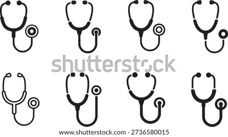 This is a set of vector stethoscope icons in various line art styles and silhouettes, suitable for use in medical and healthcare contexts. The icons are simple, minimalist, and isolated on a white background, making them versatile for various design applications.