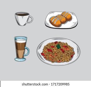 This is a set of vectors, coffee, iced coffee, croquettes and noodles